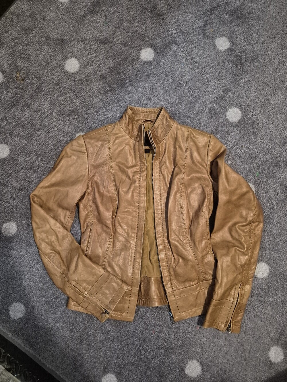 Womens Tan Leather Jacket - Classic Zip Front